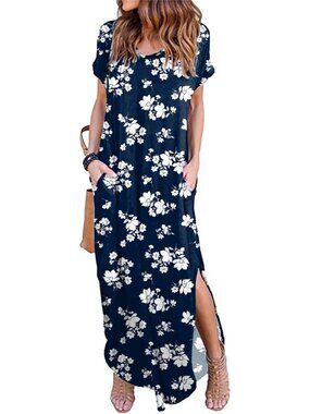 Women Navy Flower Summer Maxi Long Dress Casual Loose Short Sleeve Split Pocket